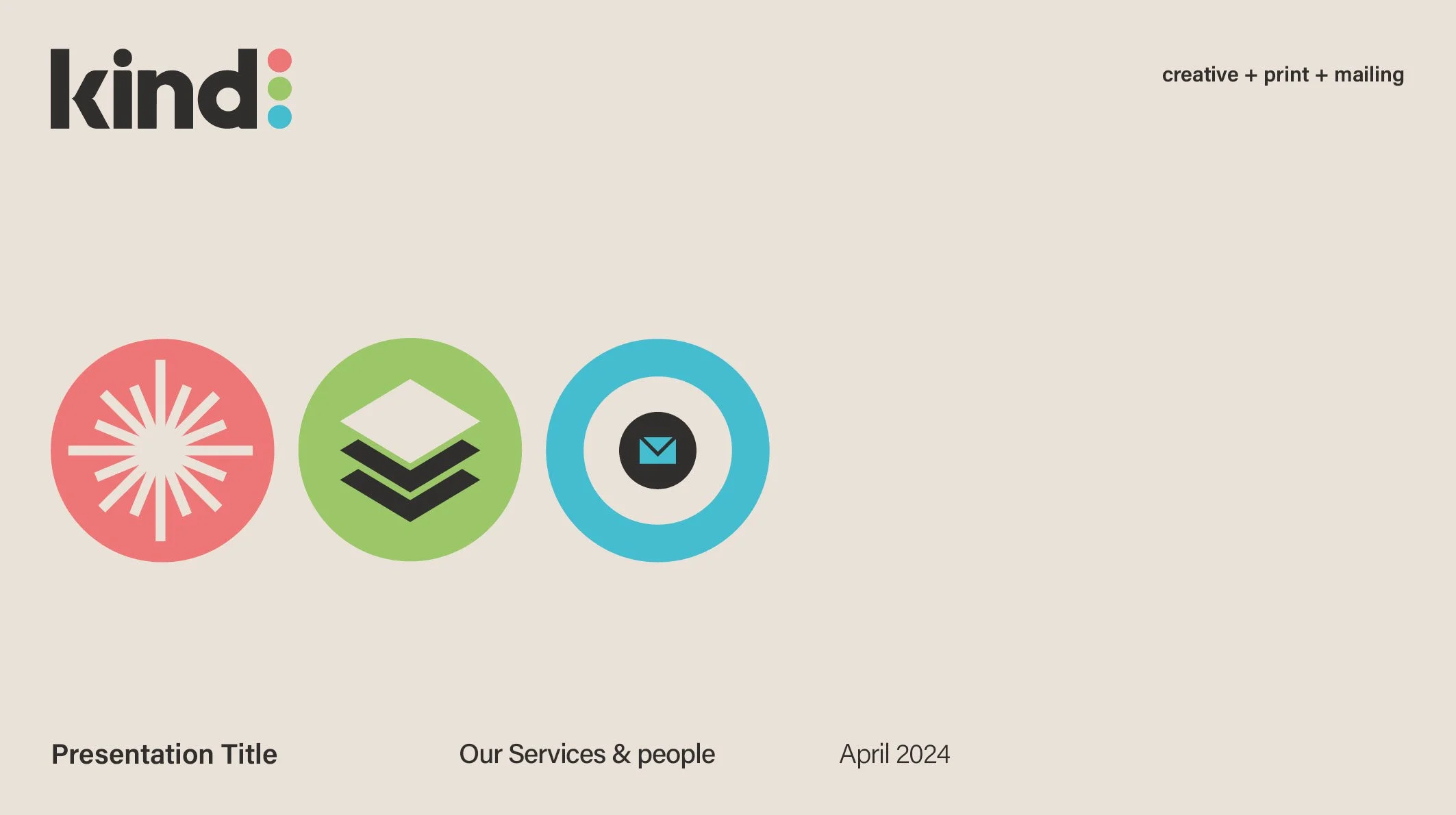 Slide from a presentation with the title 'Our Services & People' dated April 2024. Top left corner features the word 'kind' with vertically aligned dots in pink, green, and blue. The slide has three round icons: a pink one with white radial lines, a 