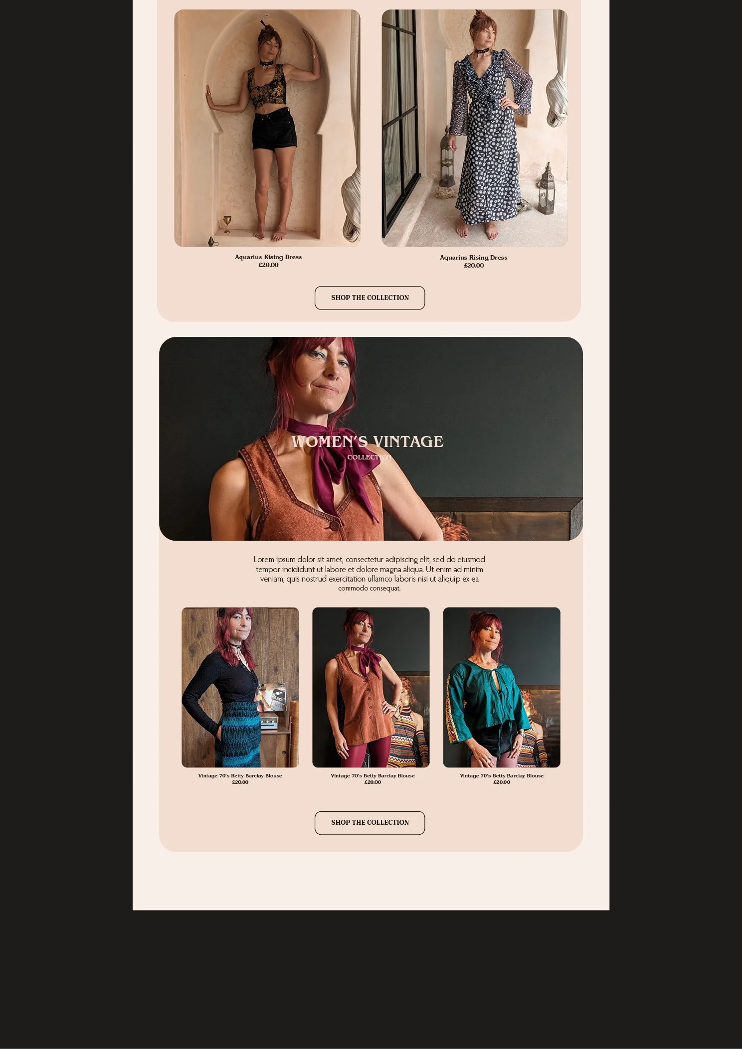 A webpage displaying vintage women's fashion, with multiple images of women modeling vintage blouses and dresses. The top section features two women in each wearing an Aquarius Rising Dress priced at 20.00 pounds. Below, a woman in a vintage 70's Betty Barclay blouse is shown in different outfits. The page includes labels, prices, and 'Shop the Collection' buttons.
