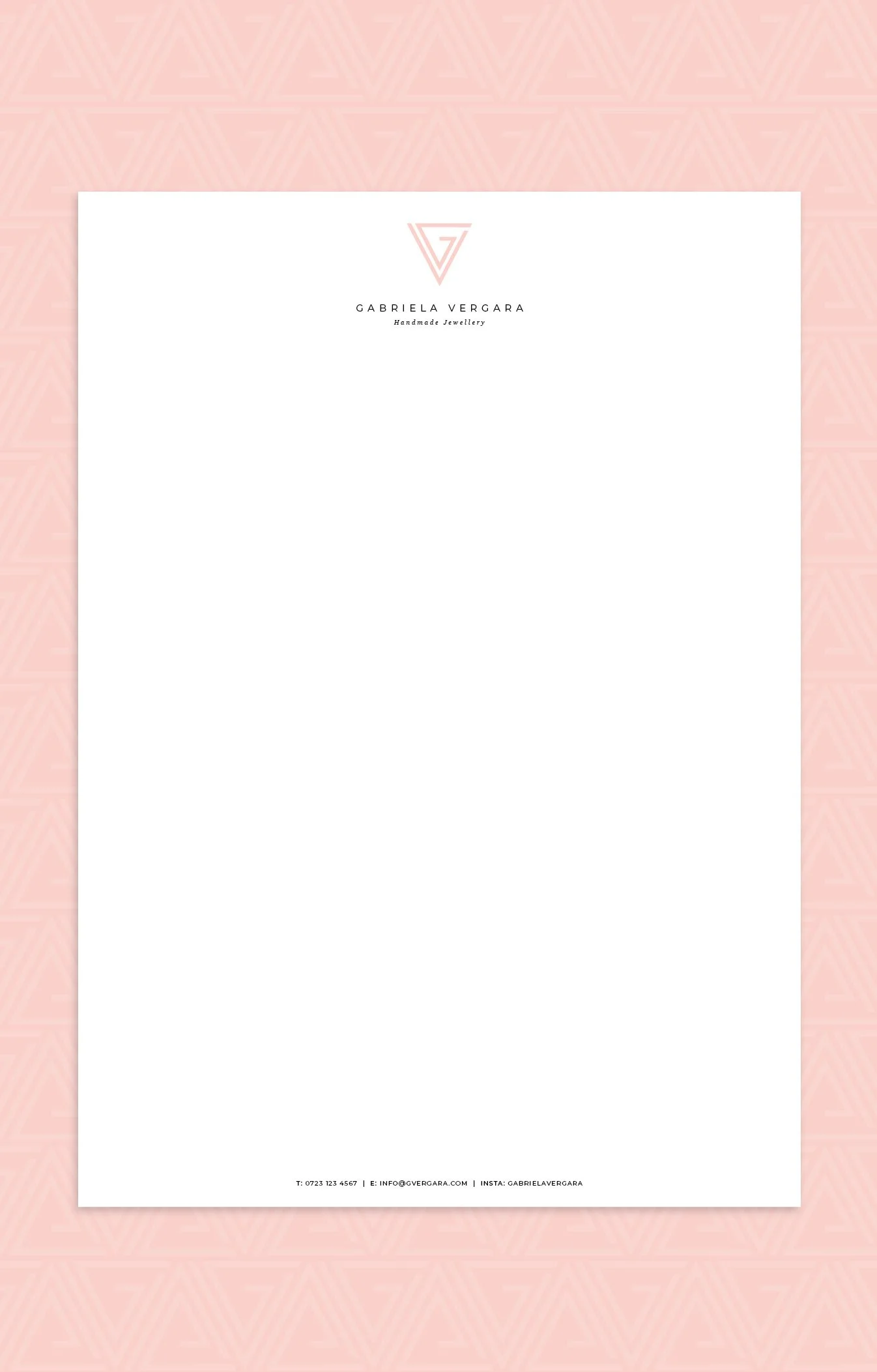 A blank piece of paper with the logo and contact information of Gabriela Vergara, a handmade jewelry designer, at the top and bottom, placed on a pink patterned background.