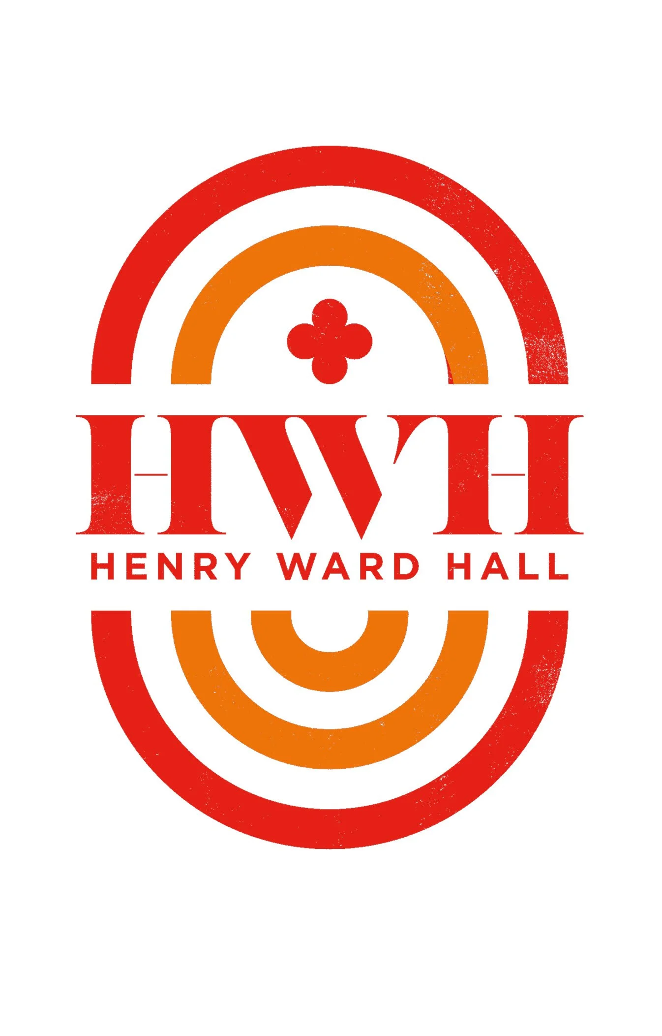 Logo for Henry Ward Hall with a red and orange rainbow and a four-leaf clover symbol.