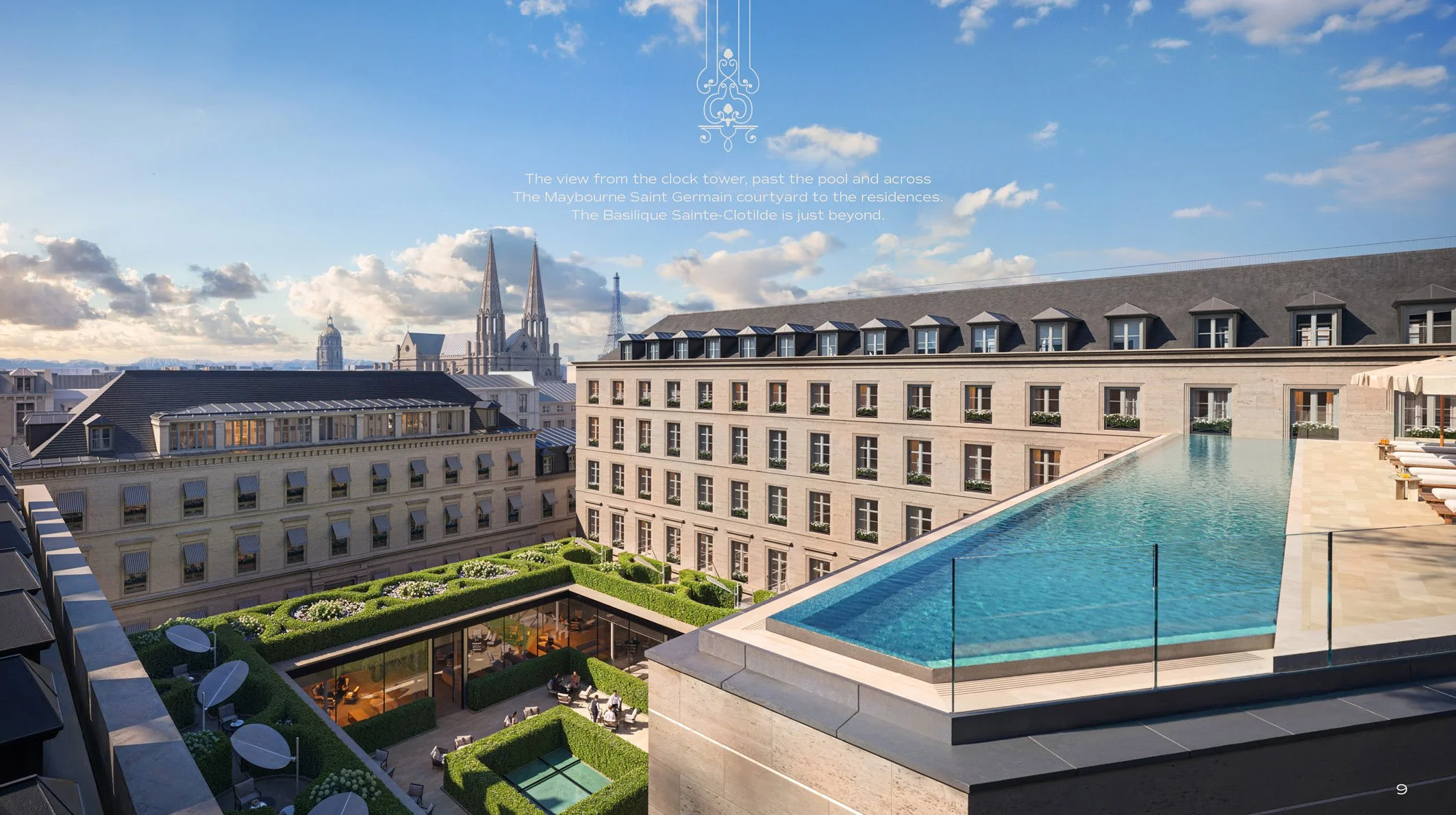 Urban view from a rooftop pool overlooking Paris, with historic buildings, a church with twin spires, and the Eiffel Tower in the distance on a partly cloudy day.