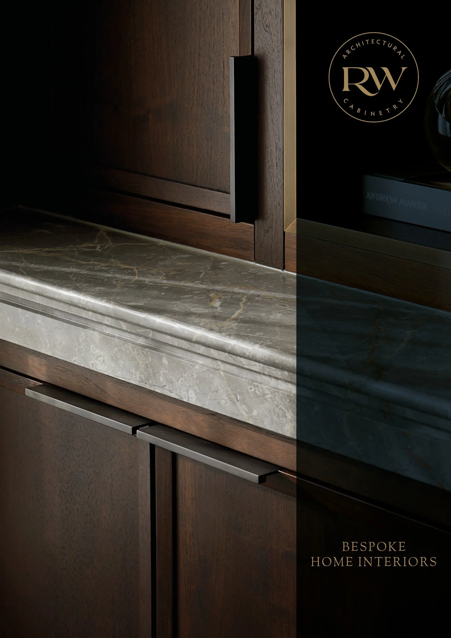 Close-up of a custom wooden home interior with a marble countertop, a handleless cabinet, and a round logo with 'RW Architectural Cabinetry' on the wall, along with the text 'Bespoke Home Interiors'.