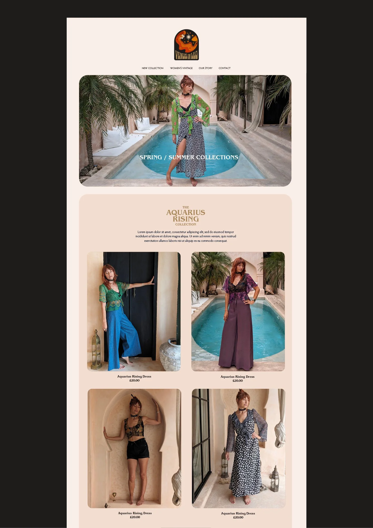 Fashion website homepage showcasing spring and summer collection featuring dresses with tropical and elegant styles, models posing in a poolside setting and interior background.