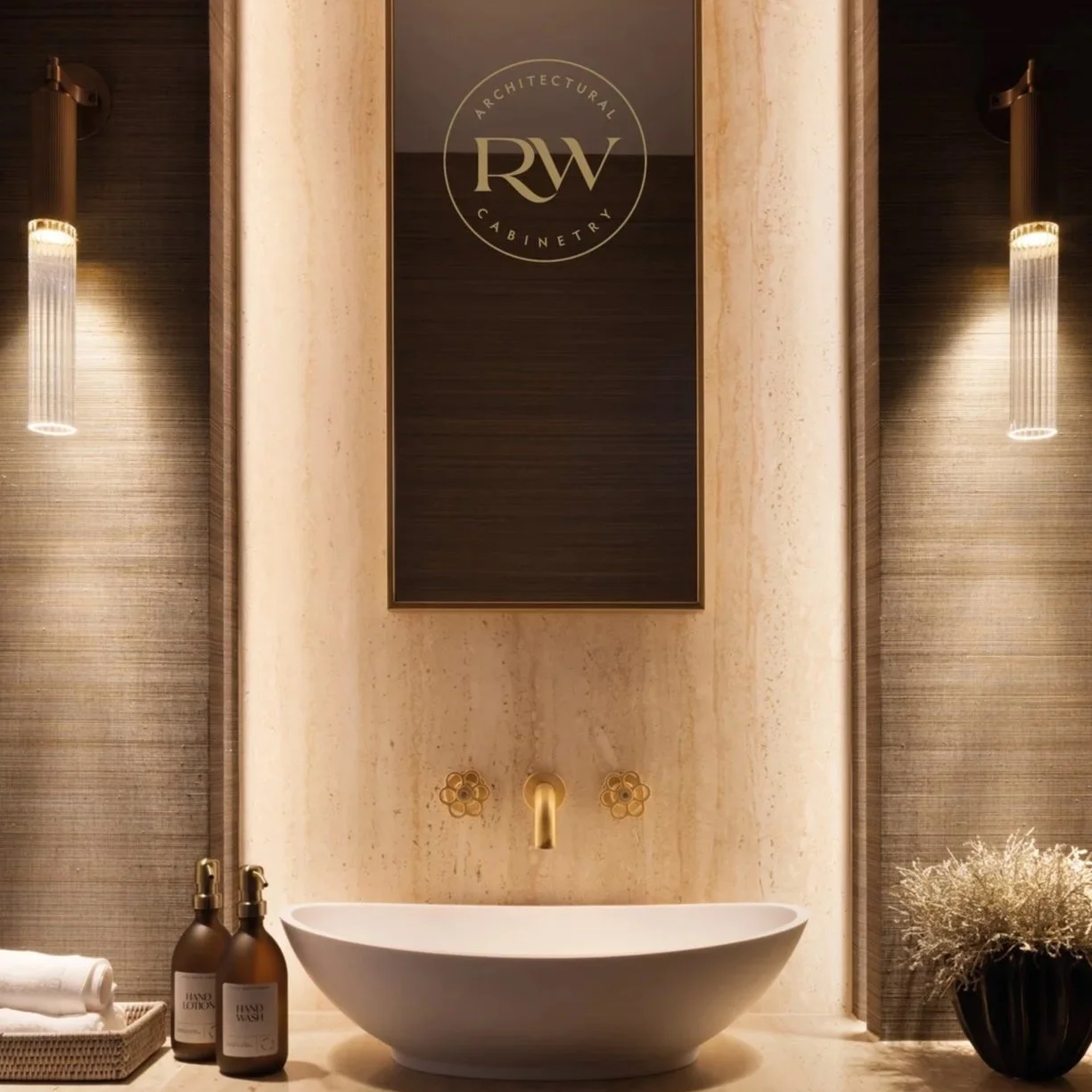 Elegant bathroom with a round white vessel sink, gold wall-mounted faucet, and a large black framed sign with a gold logo reading "RW Architectural Cabinetry." Two wall-mounted light fixtures with glass shades illuminate the space, and there are brown bottles labeled "Hand Lotion" and "Hand Wash," a basket with towels, and a black pot with white dried flowers.