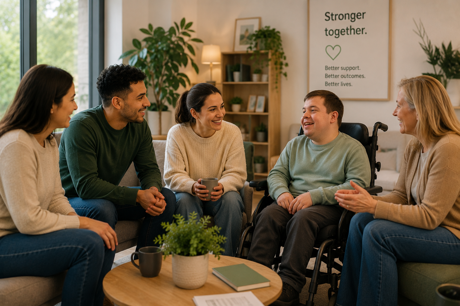 Group of people having a supportive conversation in a cozy room with plants and motivational signs.