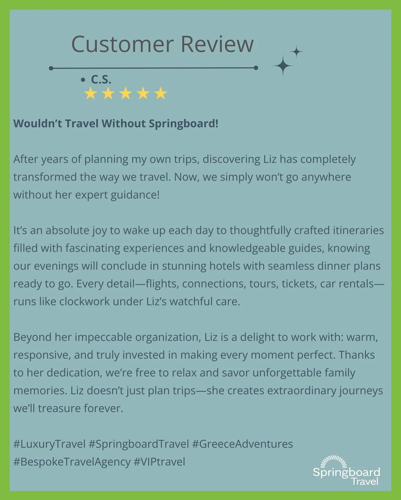 Excited to celebrate another 5-star review from a happy client who can&rsquo;t stop raving about their amazing getaway to Greece! #luxurytravel #springboardtravel #greecetravel #greeceadventures #bespoketravelagency #viptravel #traveling