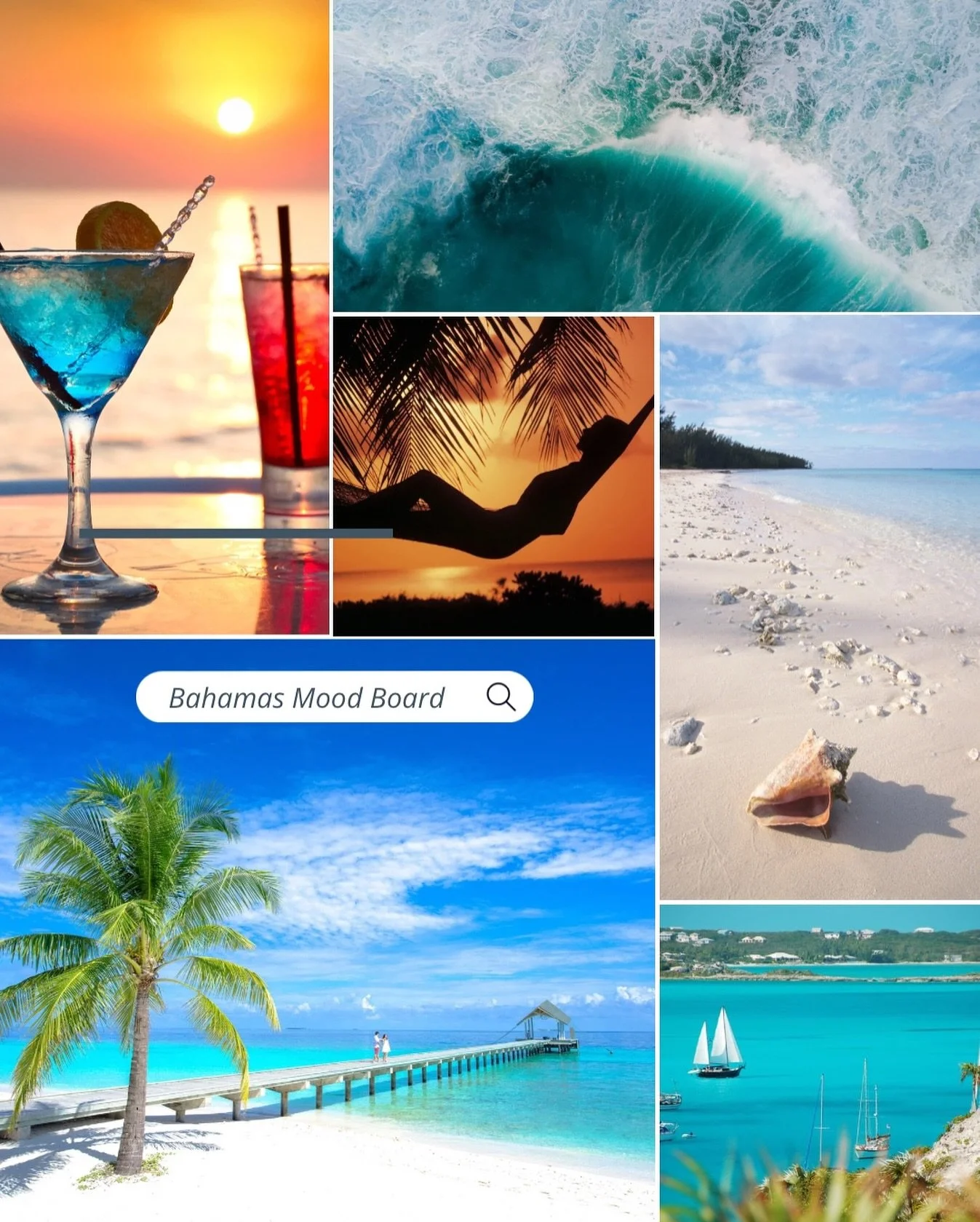 Sunkissed serenity, turquoise tides, and island indulgence &mdash; let this Bahamas mood board transport you to paradise. Whether it&rsquo;s sipping cocktails at sunset, lounging in a hammock under swaying palms, or exploring pristine shores, the Bah