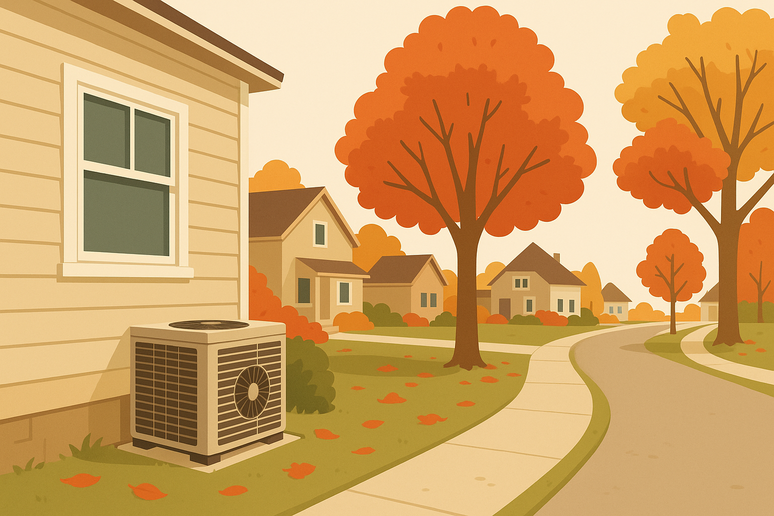 Edmond residential neighborhood in autumn with HVAC unit outside a home