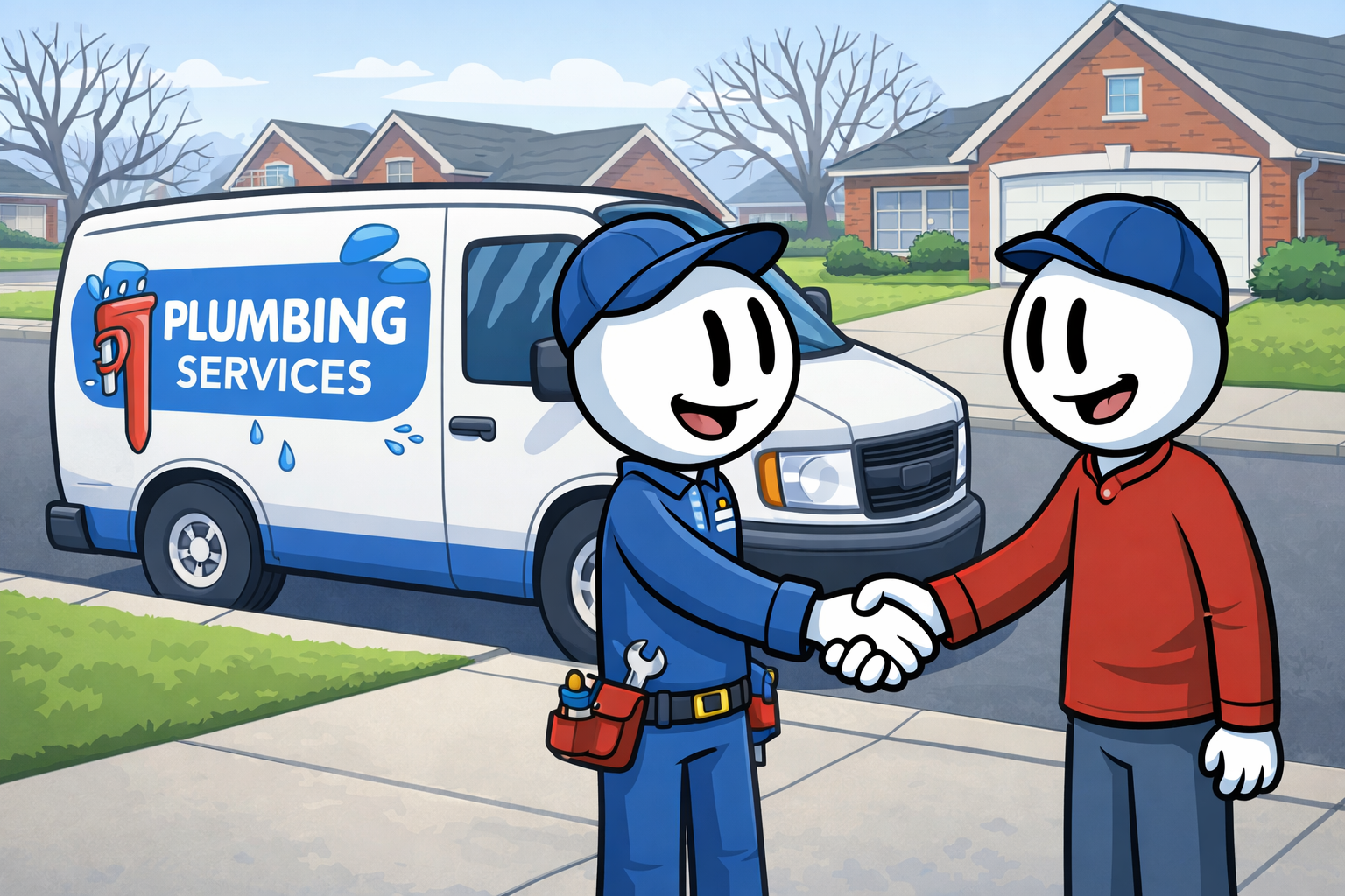 Branded plumber van parked on quiet Edmond street with technician waving to homeowner (plumber near me Edmond)