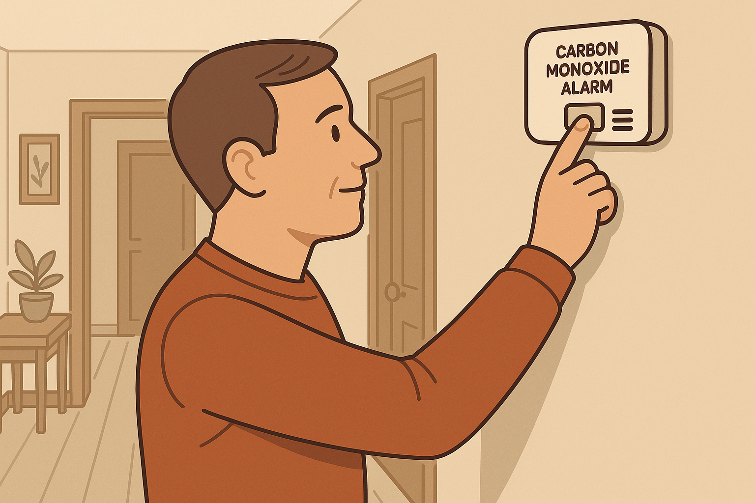 Homeowner testing carbon monoxide detector in Edmond hallway.