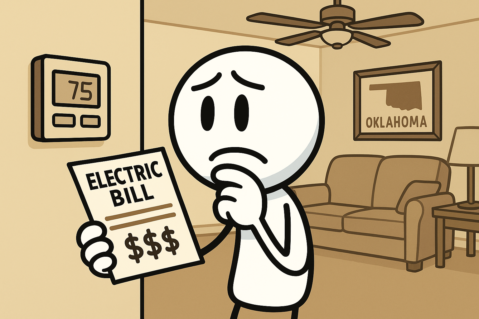 Homeowner reviewing high summer electric bill by thermostat in Edmond living room