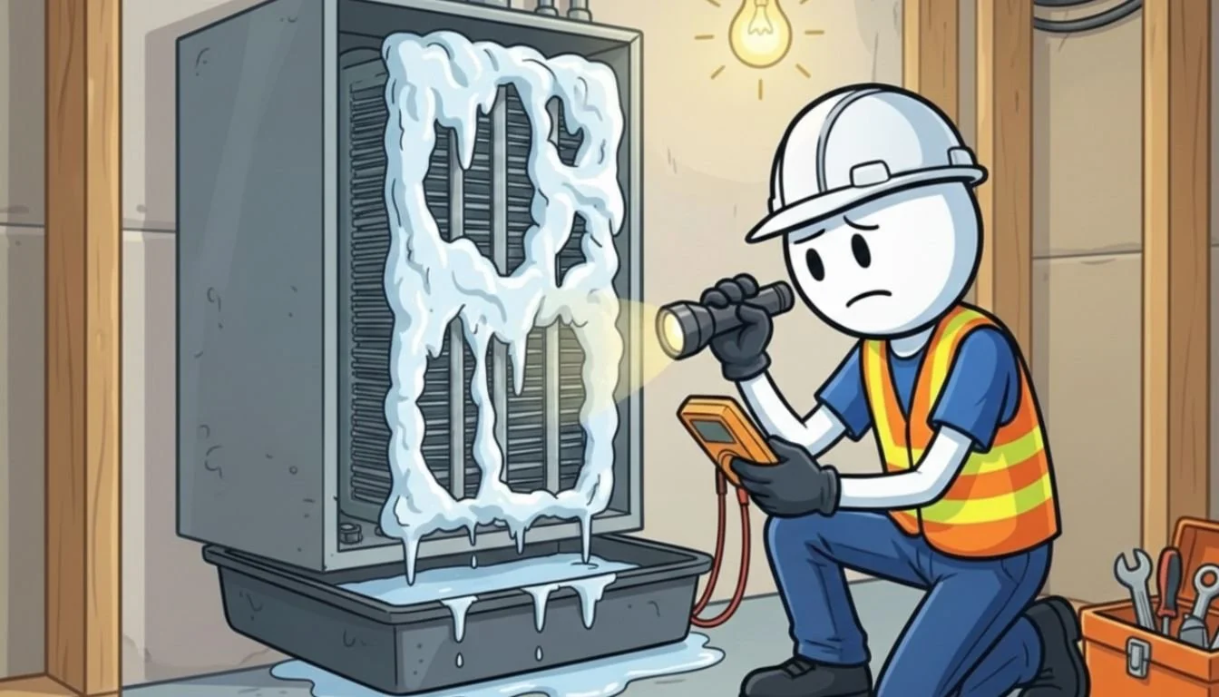 Frozen evaporator coil inside an air conditioning unit caused by low refrigerant levels, a leading sign of AC performance problems.