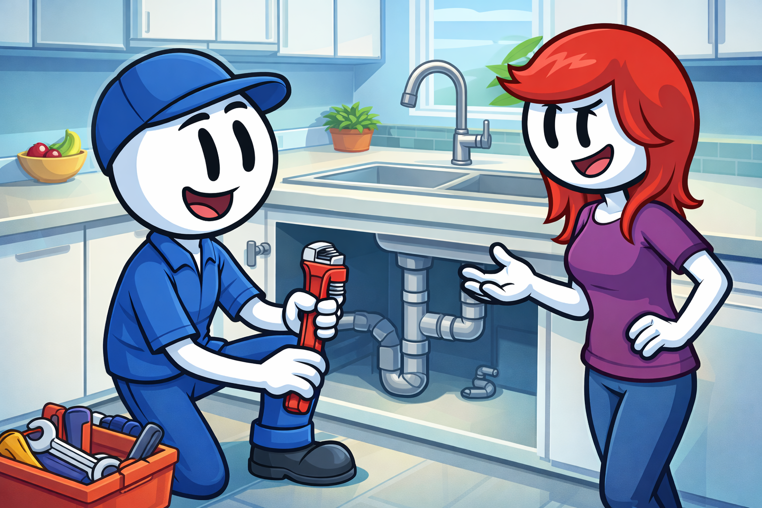 A professional plumber is repairing a kitchen sink drain while talking to a female homeowner in a modern kitchen.