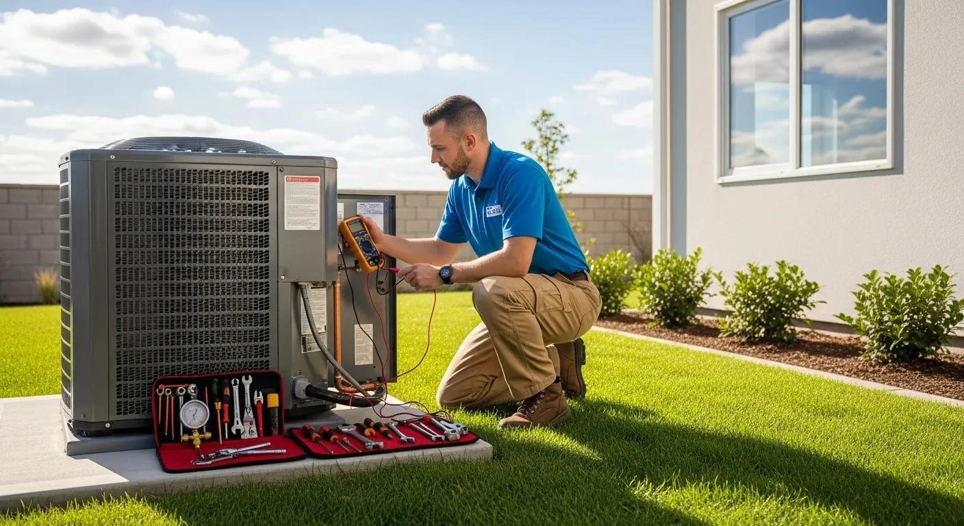Professional HVAC technician repairing an outdoor unit in Edmond, OK, providing prompt HVAC repair and installation services.