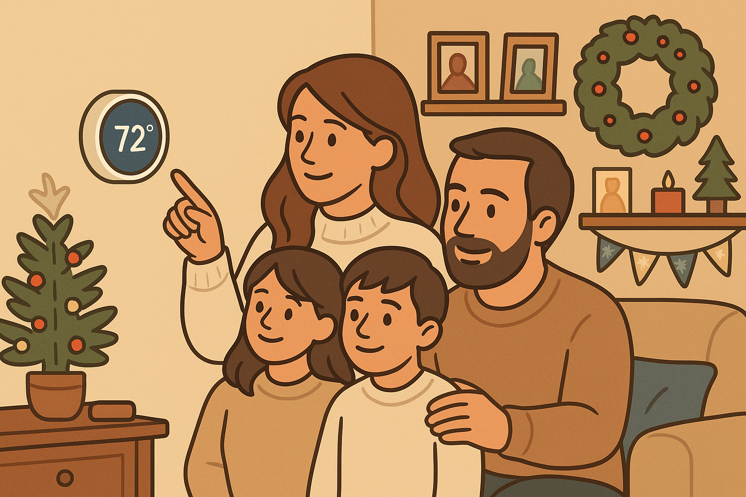 Local Edmond family adjusting home thermostat on a cold evening.