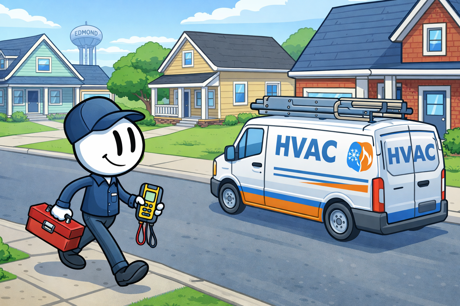 HVAC service van parked on a residential Edmond street with a technician walking toward a home