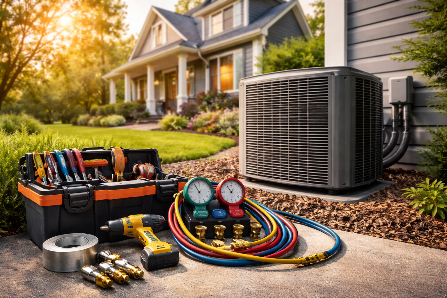 Plumber tools displayed outside a residential home in Edmond, OK, ready for professional leak repair and plumbing services.