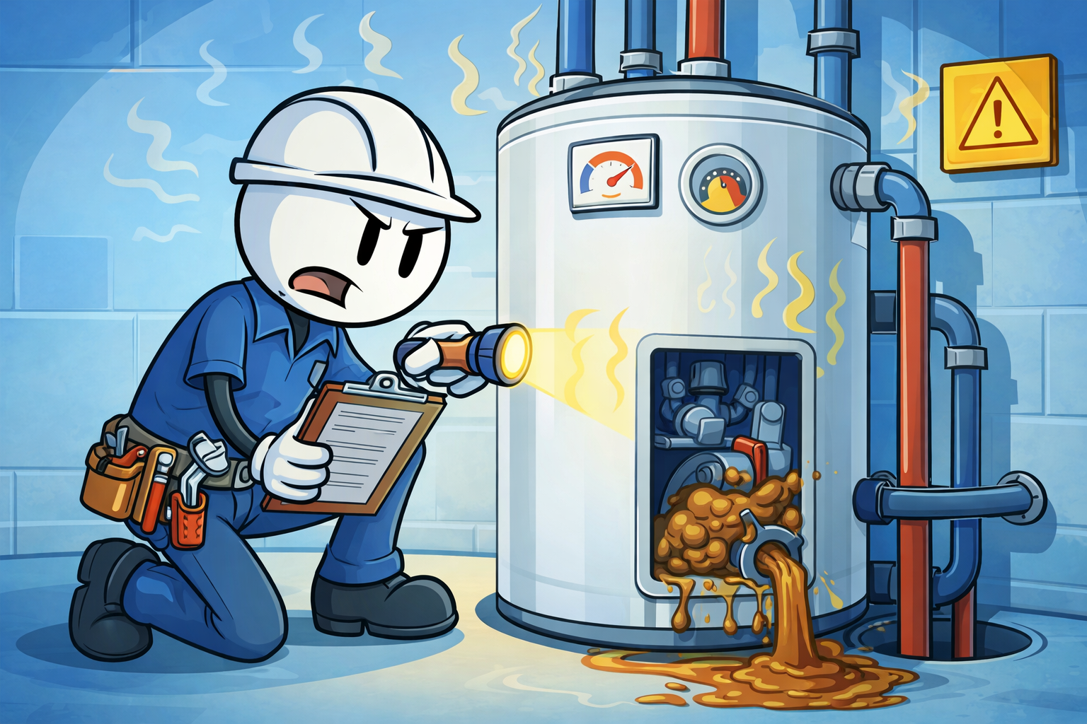 A plumber is inspecting a water heater in Edmond, Oklahoma, checking for unusual noises, temperature fluctuations, and sediment buildup to prevent major water heater failures.