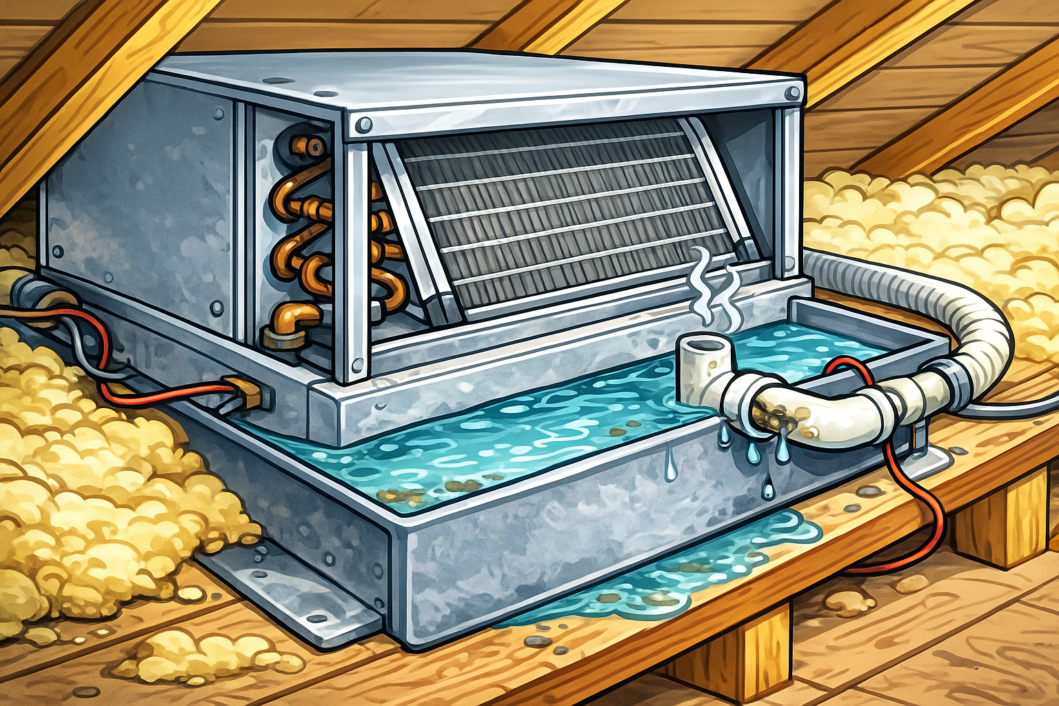 Close-up of a clogged AC drain line with water backing up in an Edmond attic unit