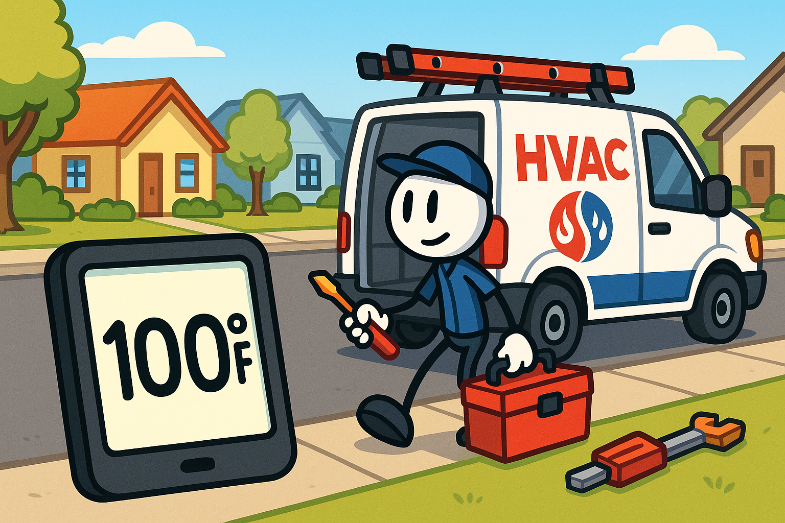 HVAC service van in Edmond neighborhood with 100°F forecast sign