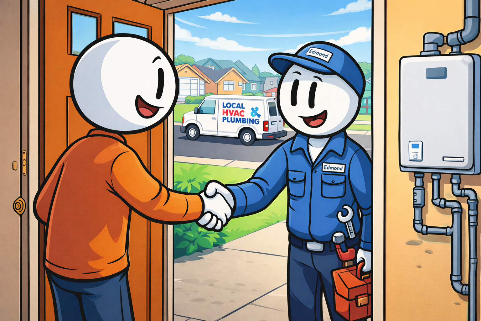 Tankless water heater Edmond service call, technician greeting homeowner in a residential neighborhood