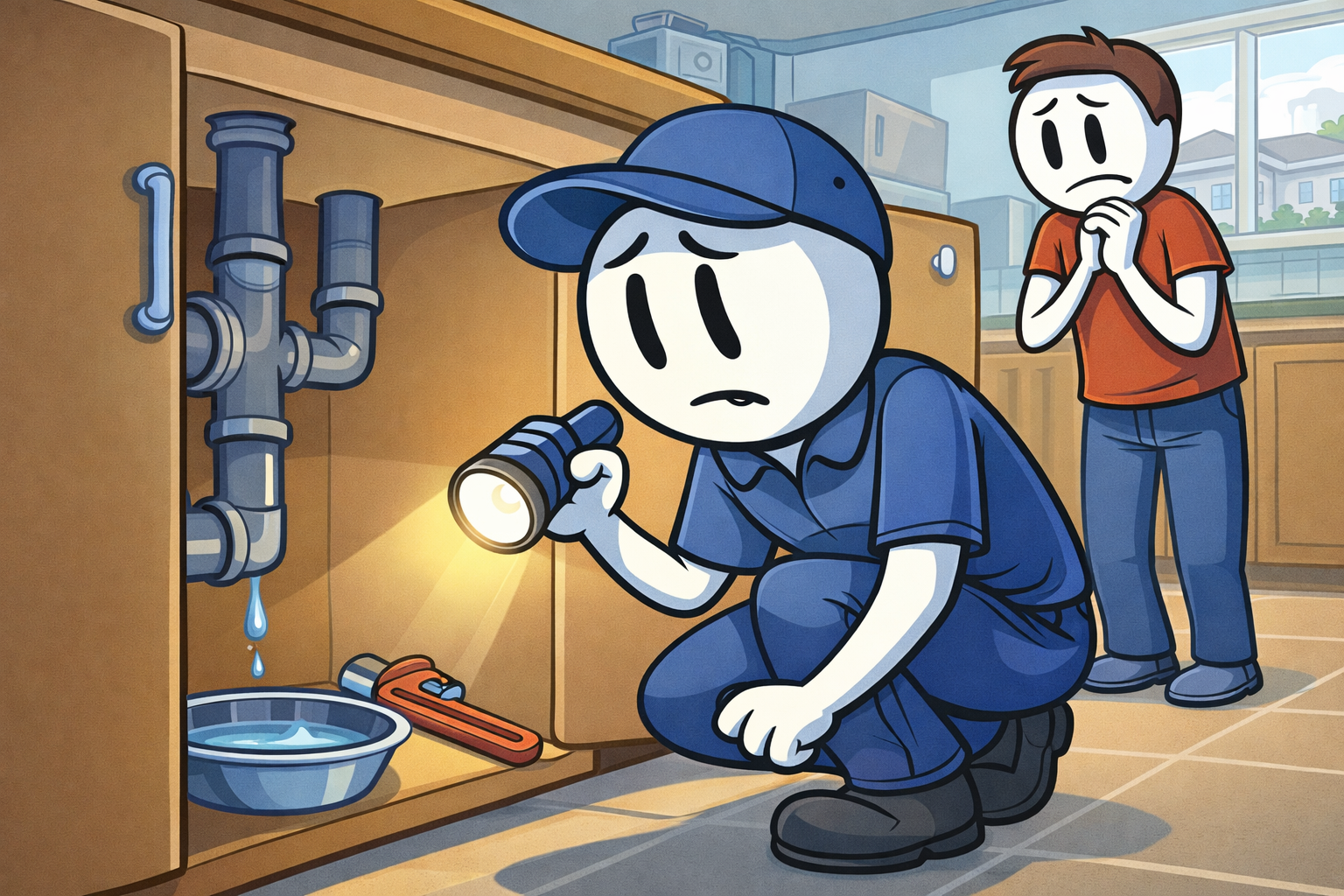 Local Edmond plumber inspecting pipes beneath kitchen sink (household plumbing in Edmond)