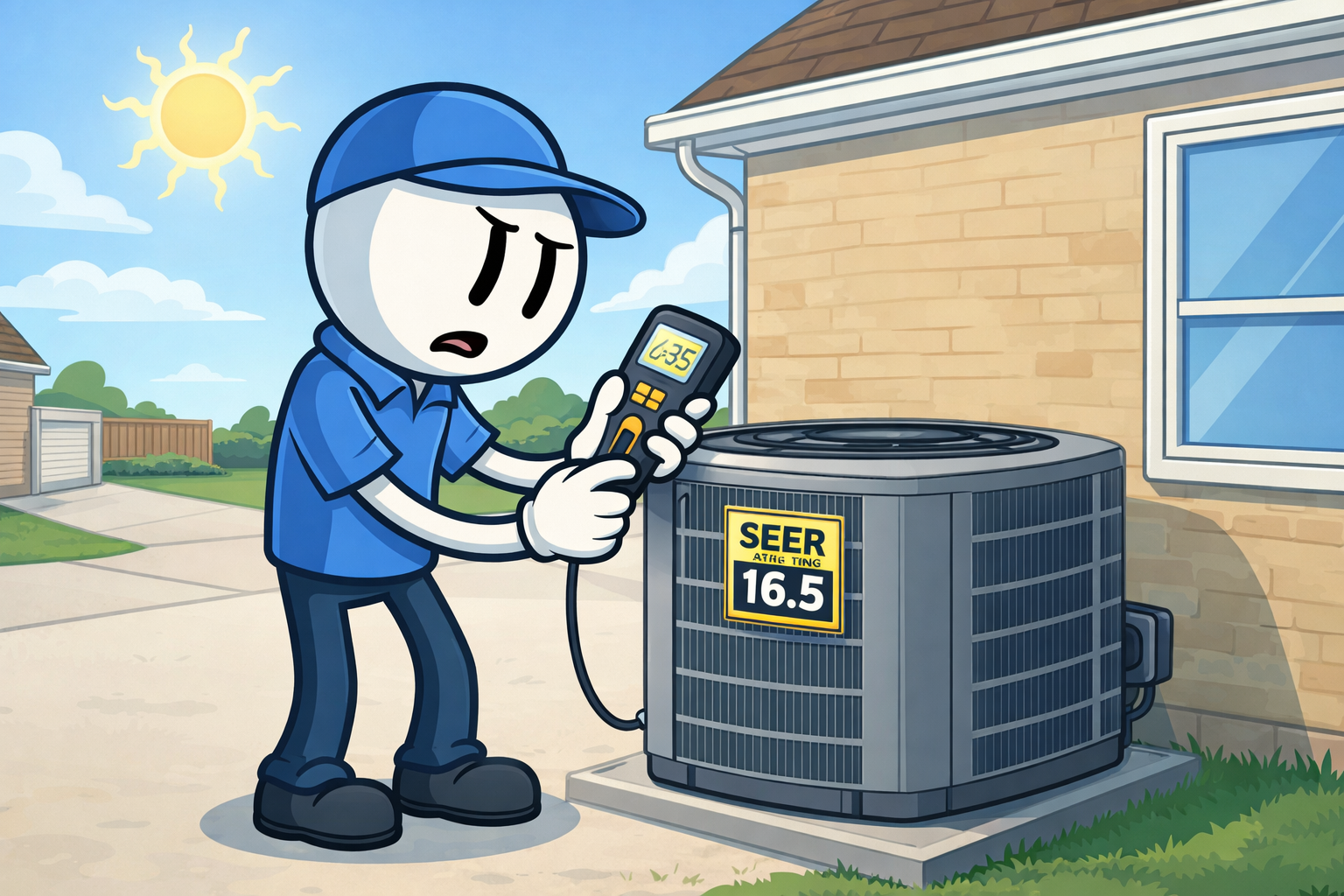 HVAC technician inspecting a high-efficiency air conditioner with a visible SEER rating label at an Edmond home