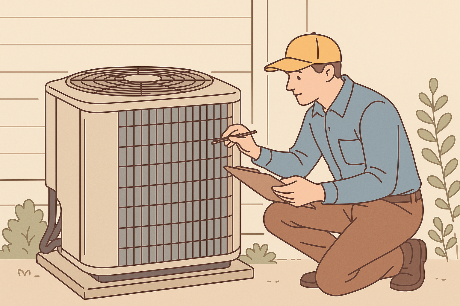 Technician inspecting outdoor HVAC condenser coils at an Edmond home