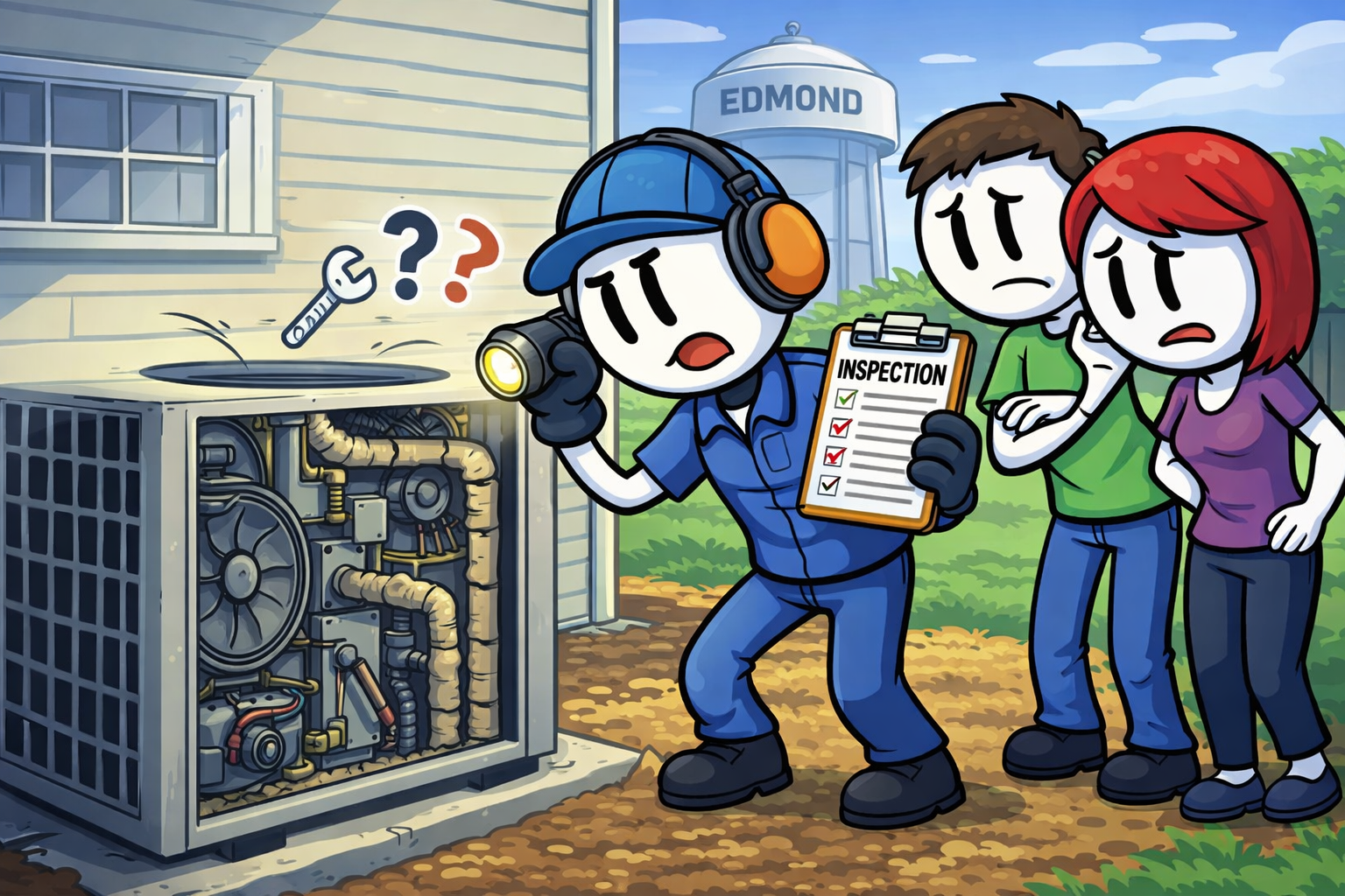 An experienced HVAC technician performing a professional inspection on an aging HVAC system, helping Edmond homeowners decide whether to repair or replace their unit.