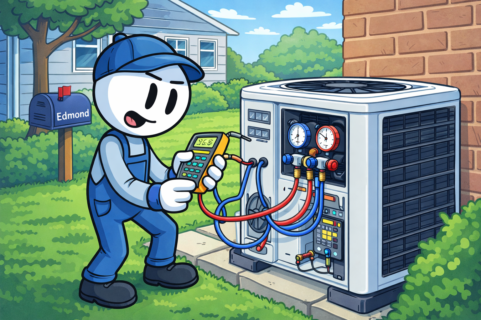 HVAC technician performing efficiency testing and maintenance on a modern high-SEER air conditioning unit in Edmond