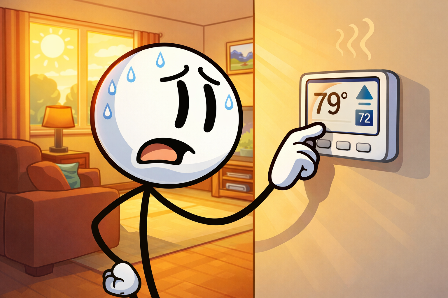 Edmond homeowner adjusting a thermostat during a hot summer afternoon inside a residential home