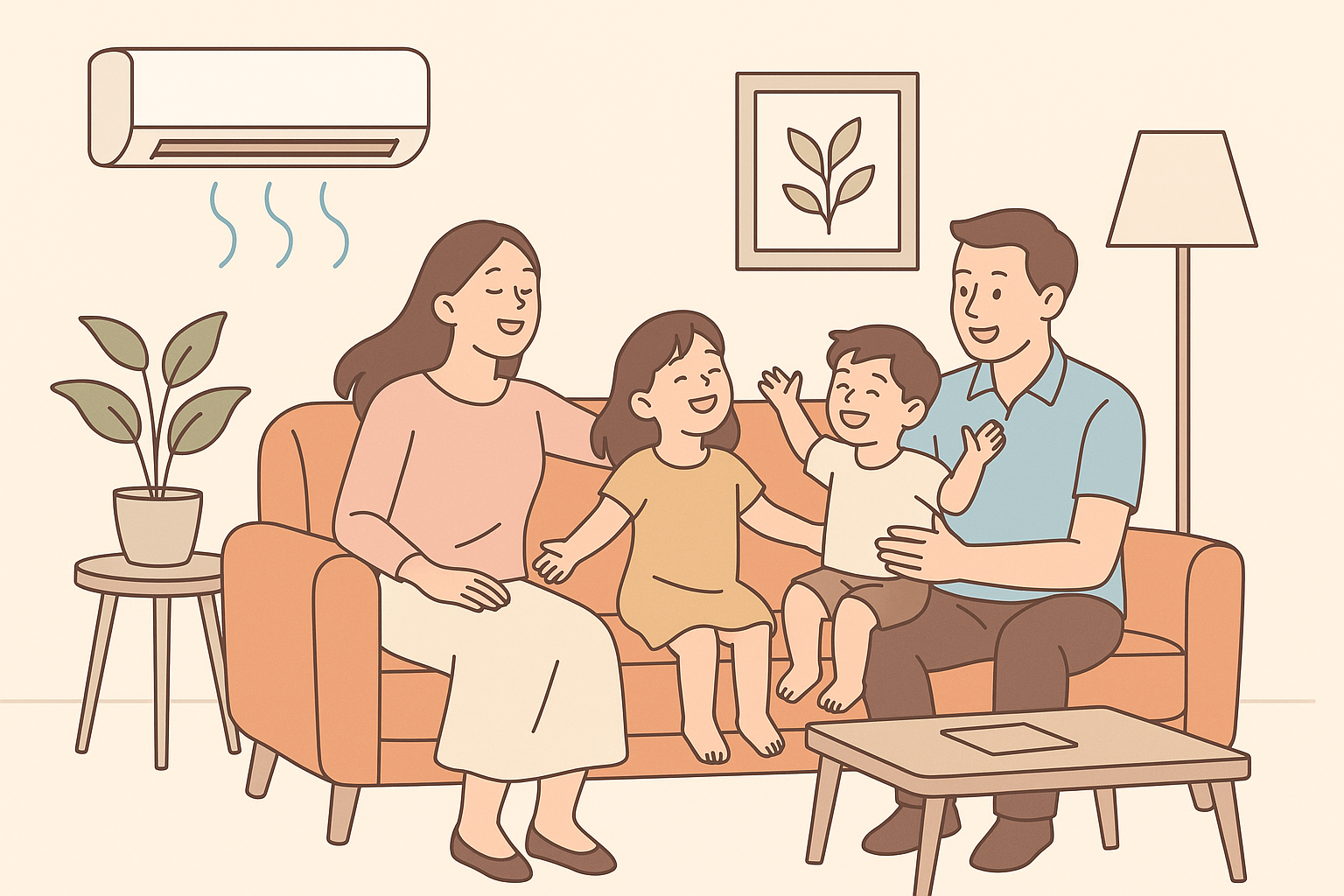family enjoying cool indoor air in a modern living room