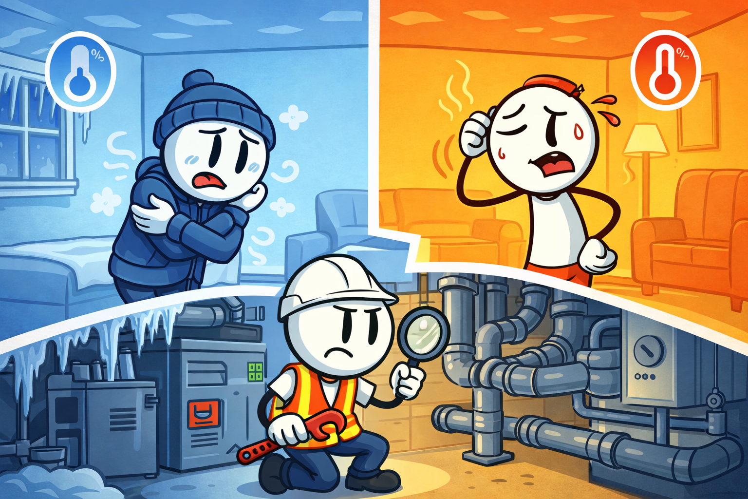 A residential home in Edmond, Oklahoma, is experiencing uneven heating, where some rooms feel cold while others are warm, indicating a potential heating system issue.