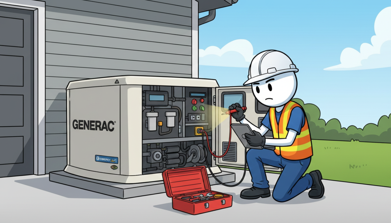 Technician connecting appliances to a standby generator to apply proper electrical load during a 20-minute maintenance run.