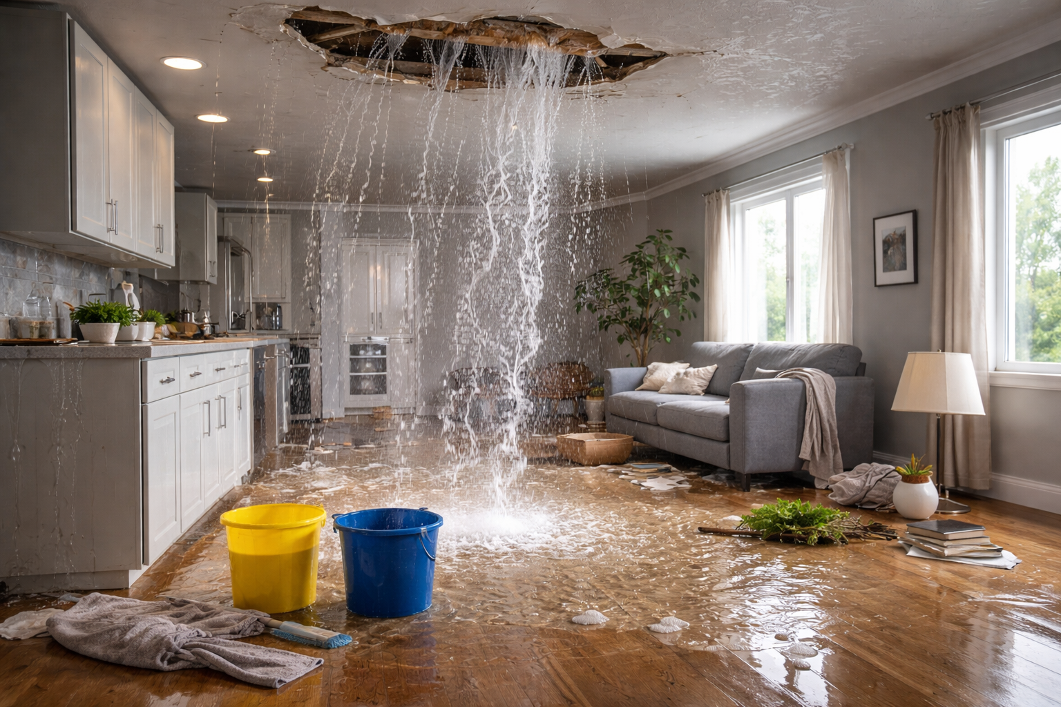 Severe water leak causing ceiling damage in an Edmond, OK home, emphasizing emergency plumbing services and leak repair.