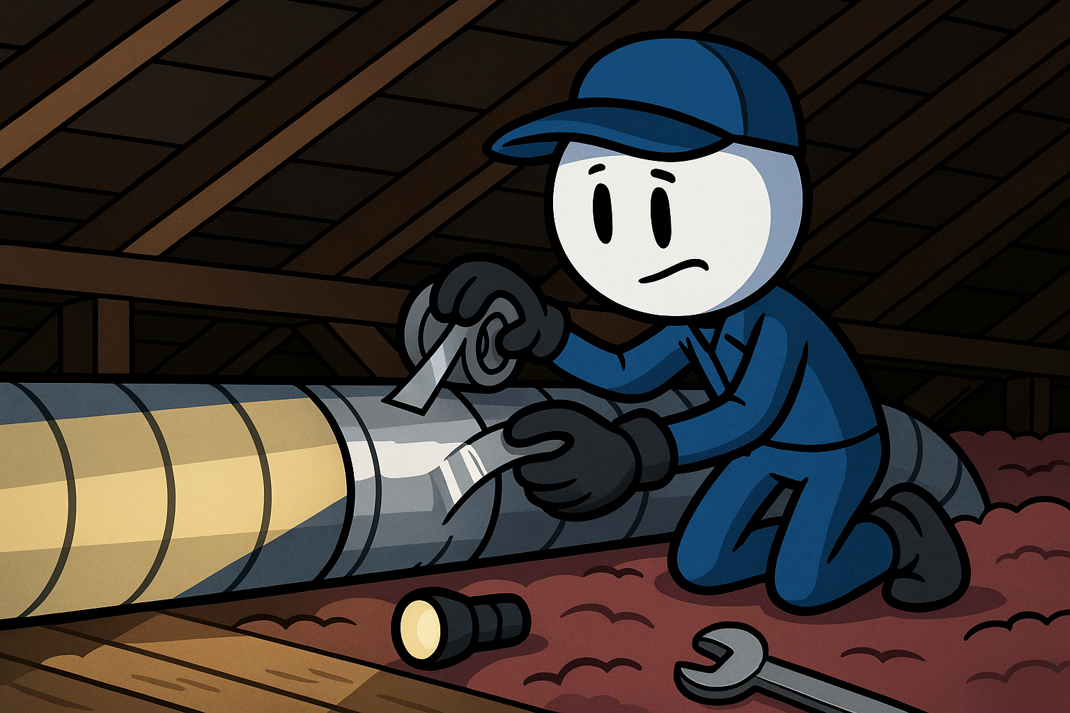 Technician sealing ductwork in an older Edmond attic