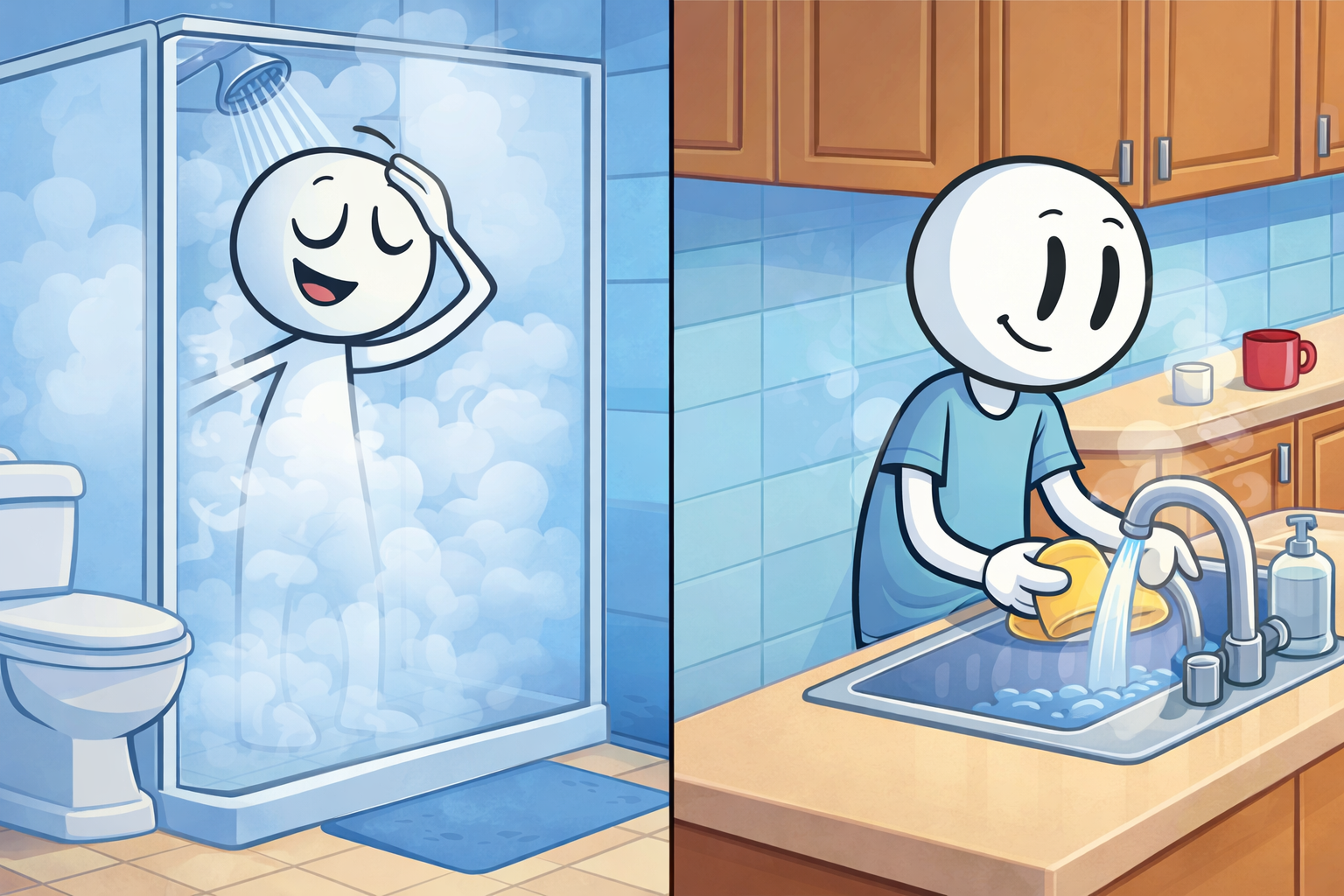 Tankless water heater benefits Edmond, homeowner using a shower while kitchen sink is running with consistent hot water