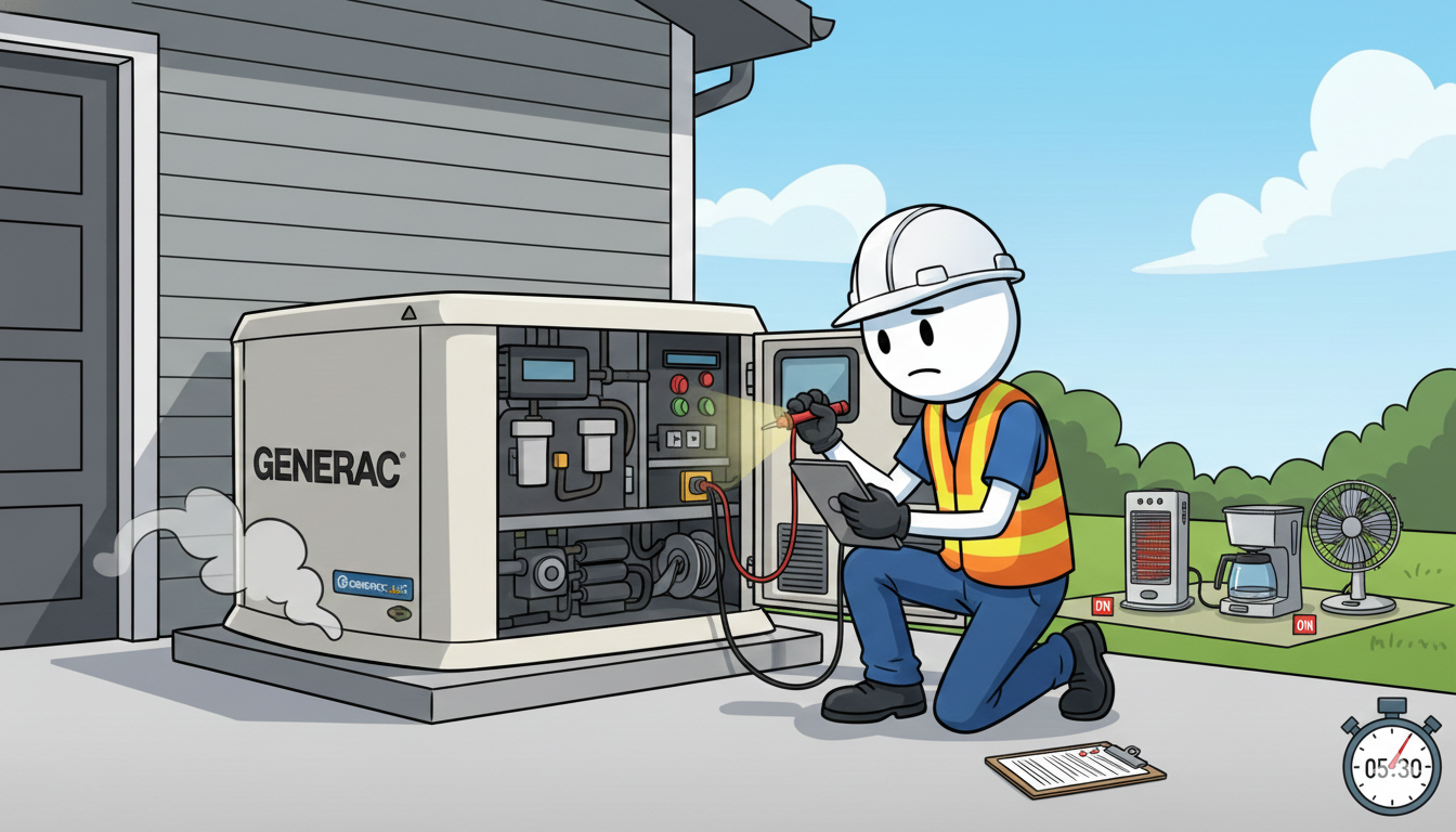 Professional inspecting a Generac standby generator during routine service to ensure reliability and reduce emergency repair risks.