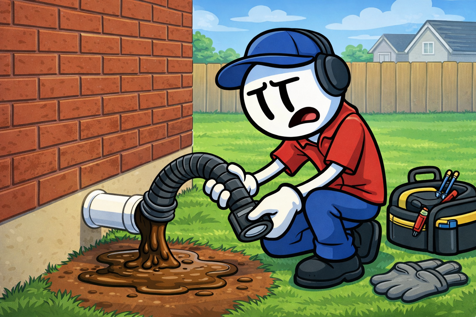 Close-up of a technician clearing a clogged PVC condensate line with a wet/dry vacuum outside an Edmond home Alt text: air conditioner condensation leak clogged drain line clearing in Edmond OK