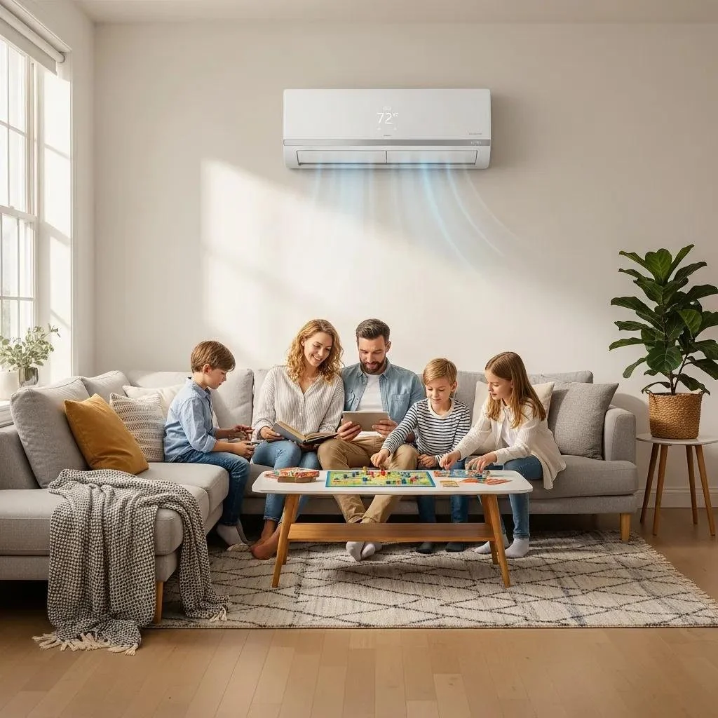 Happy family enjoying a well-maintained air conditioning system in Edmond, OK, showcasing reliable residential HVAC services.