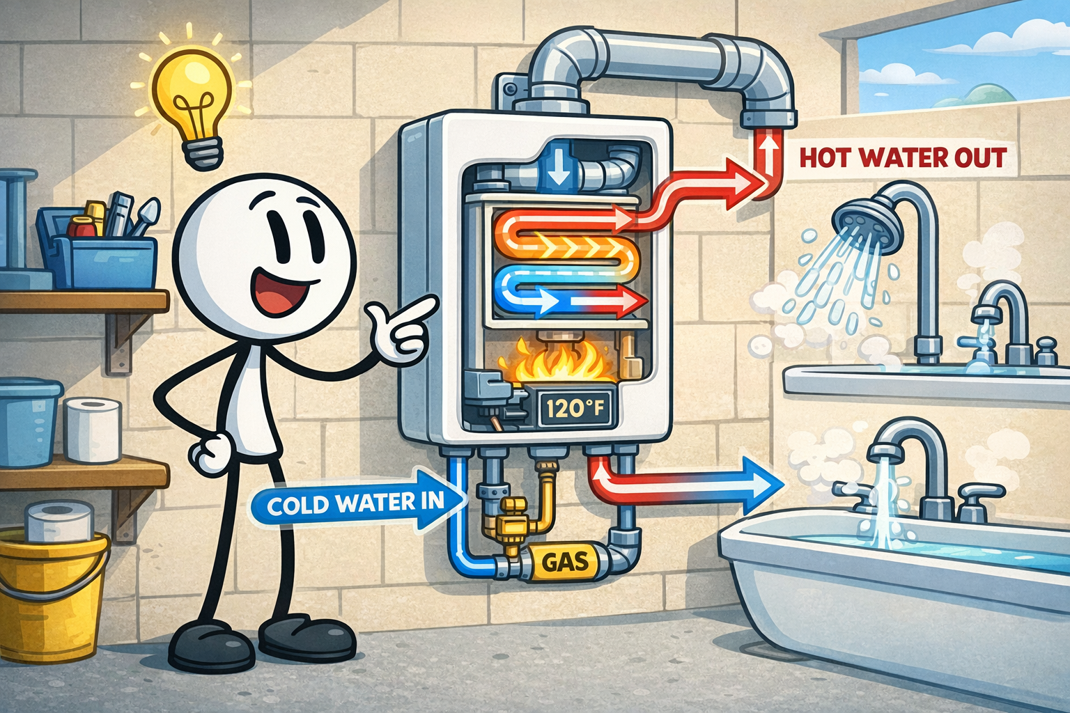 How tankless water heaters work Edmond diagram showing labeled water flow through the heat exchanger