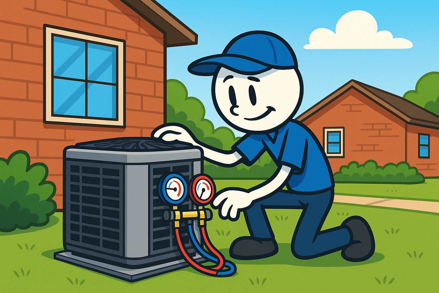 Technician inspecting an outdoor AC unit in Edmond neighborhood during summer heat