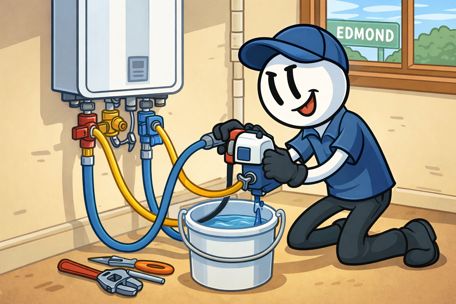 Tankless water heater Edmond maintenance service with technician performing a system flush