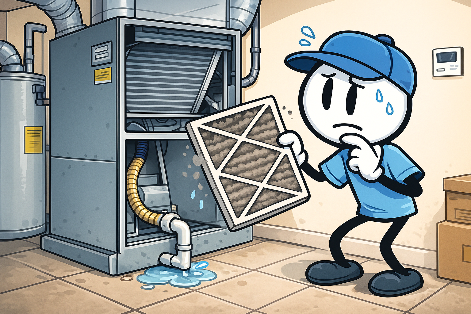 Homeowner safely checking an AC air filter and drain line in Edmond