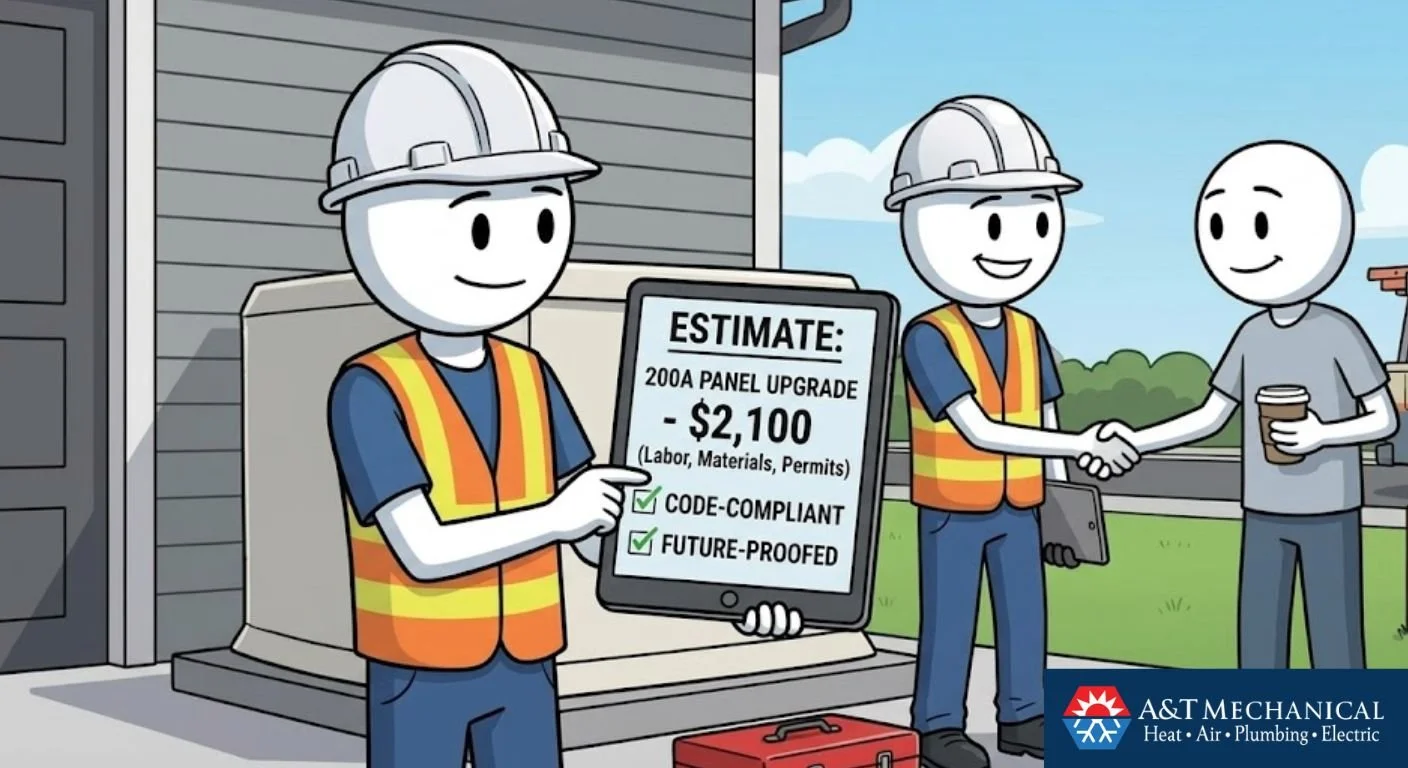 An Edmond homeowner in 2026 reviews a transparent estimate for an electrical panel upgrade from an A&T Mechanical electrician. The animation, matching image_0.png, highlights key investments: the new 200A panel, code compliance, and future-proofing.