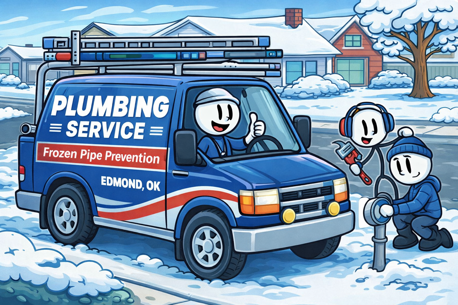 Local Edmond plumbing service vehicle parked in residential neighborhood during winter freeze season
