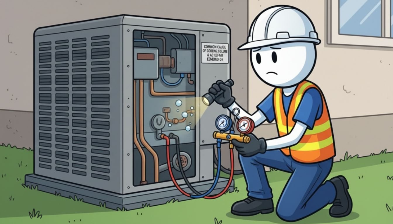 HVAC technician checking refrigerant levels and inspecting AC lines for leaks, the most common cause of cooling failure and AC Repair Edmond OK service calls.