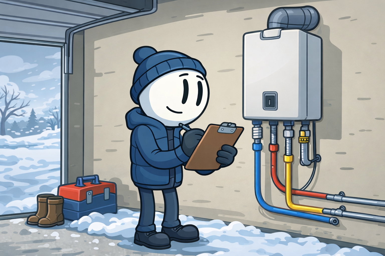 Tankless water heater Edmond winter, technician standing in a residential garage next to a wall-mounted tankless unit while cold weather is visible outside