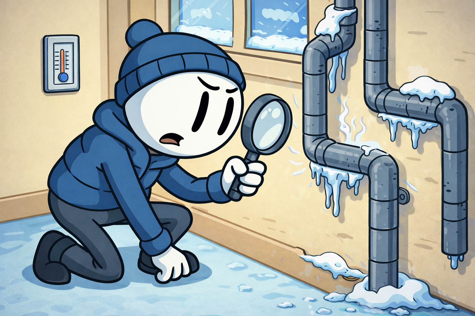 Edmond homeowner checking exposed household plumbing near exterior wall during freezing winter conditions