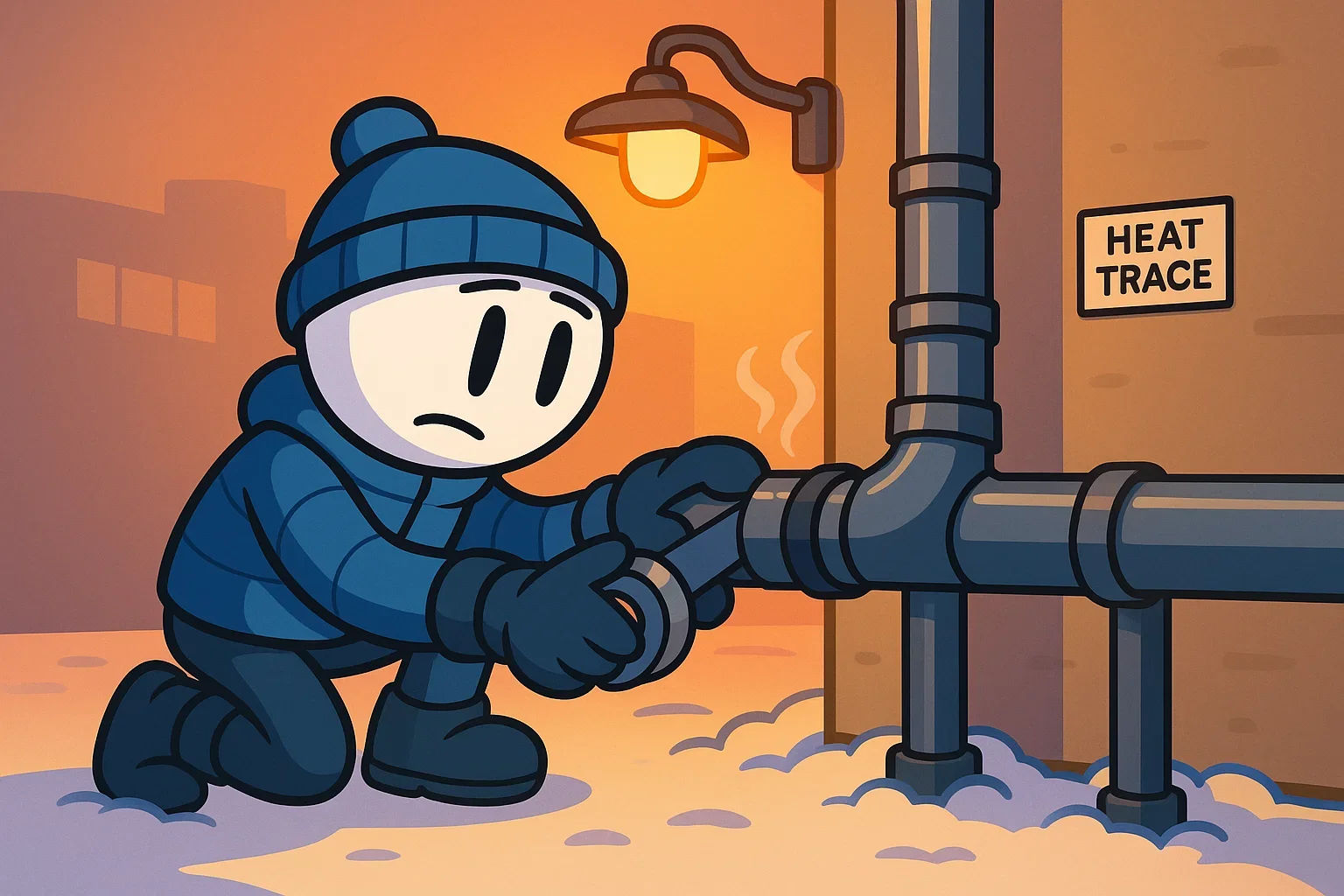 Local plumber sealing air leaks and insulating exposed piping at a Logan County business during winter.